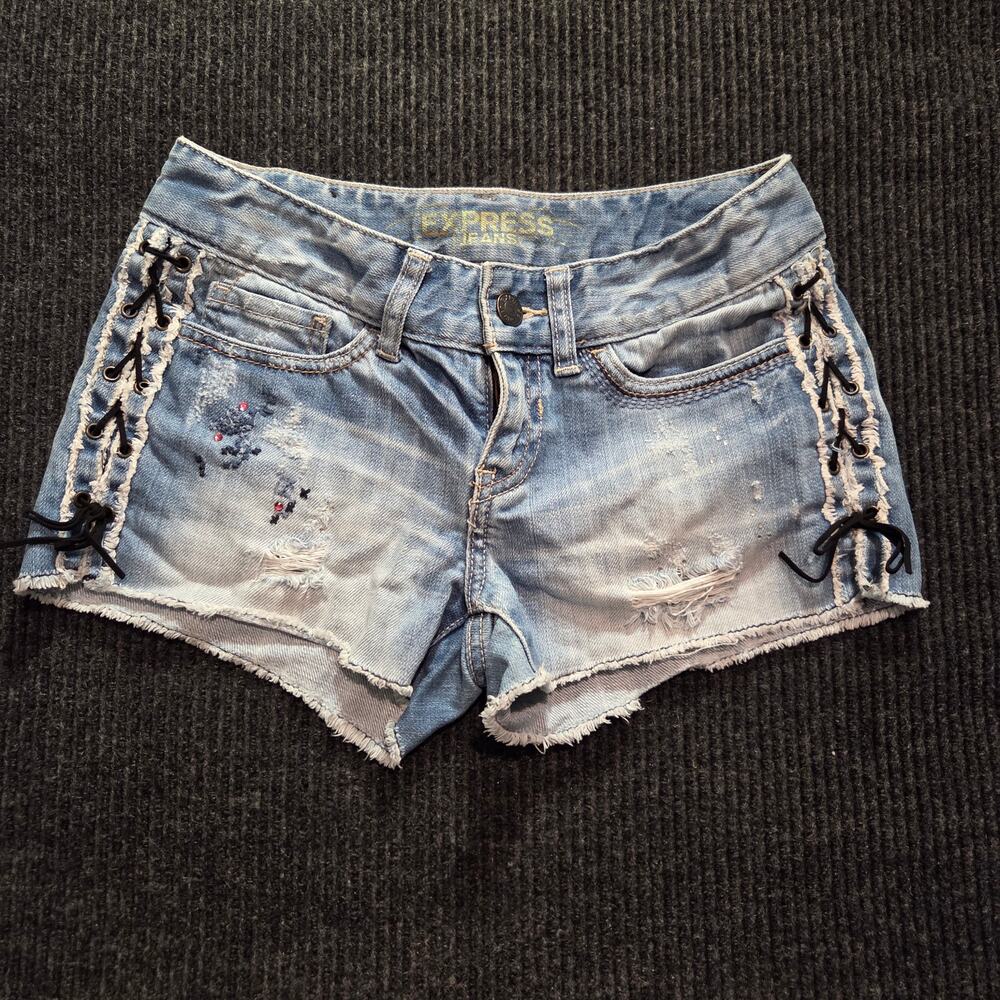 Y2k Lowrise Express Denim Shorts Rhinestones Size 0 Cotton